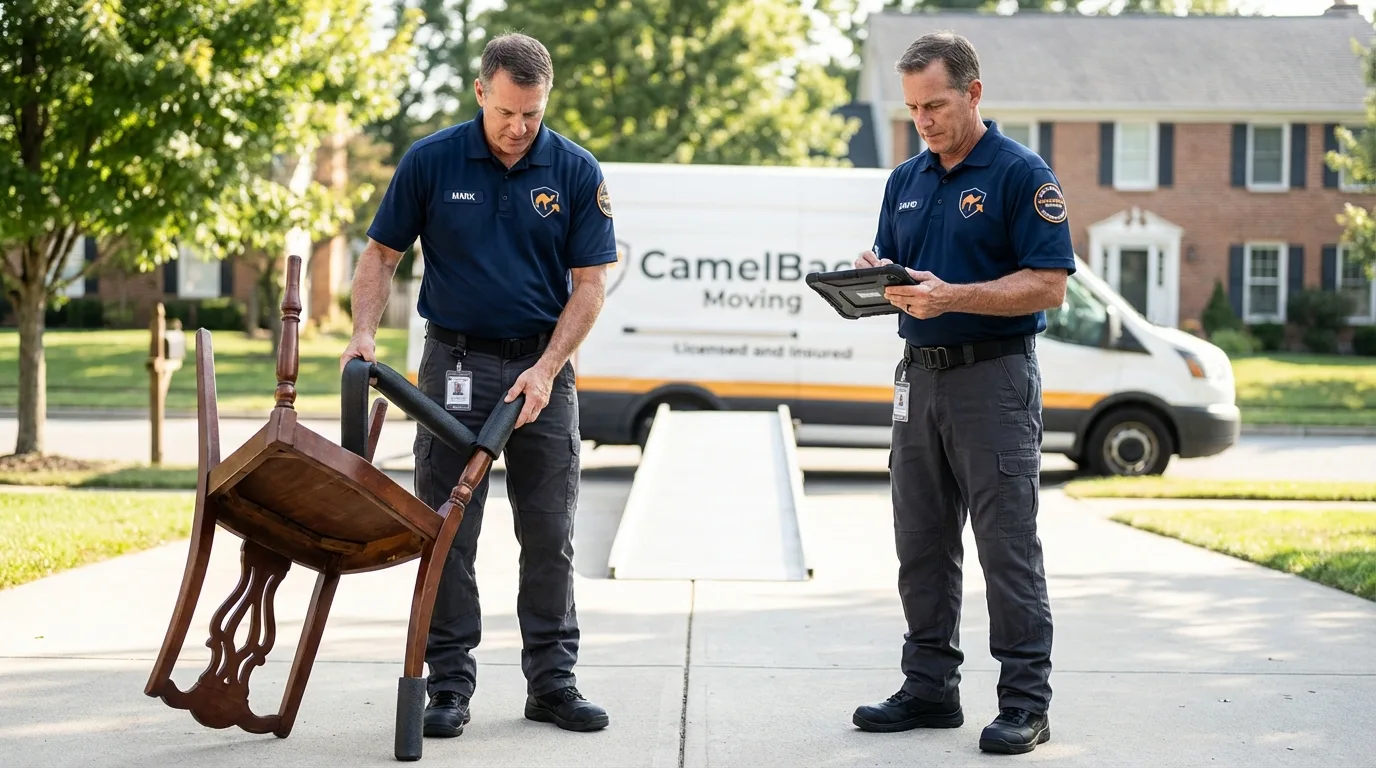 Movers inspecting furniture for damage prevention before loading in Saint Cloud, MN